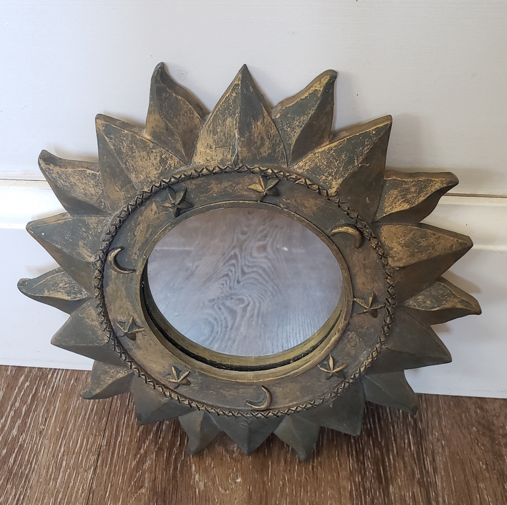 Vintage 90s Sun Moon and Stars Mirror Wall Decor, Celestial Antiqued Gold Tone